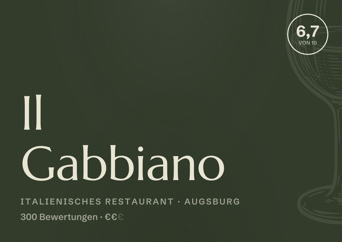 Illustriertes Poster von Il Gabbiano, Italienisches Restaurant in Augsburg: Bewertung 6,7 von 10 aus 300 Bewertungen, Preisniveau €€
