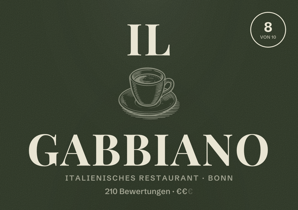 Illustriertes Poster von IL GABBIANO, Italienisches Restaurant in Bonn: Bewertung 8 von 10 aus 210 Bewertungen, Preisniveau €€