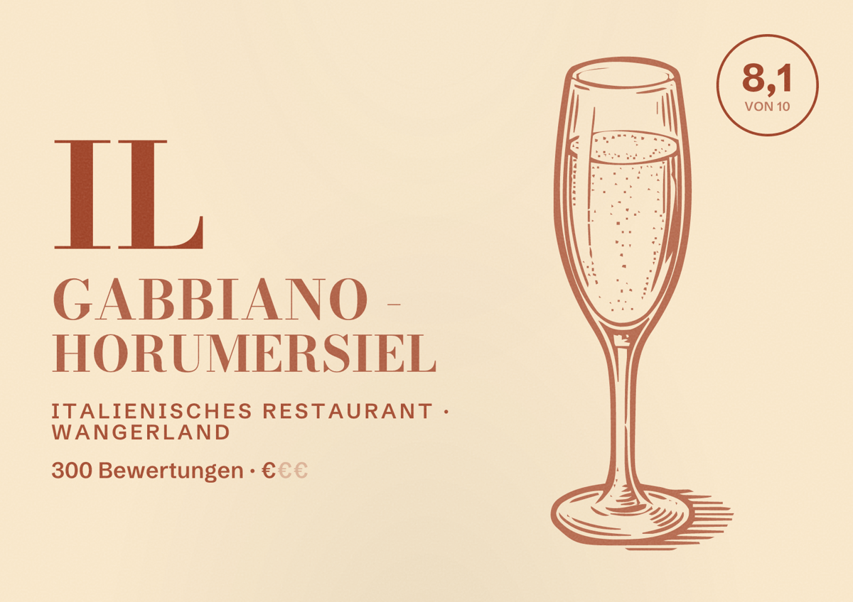Illustriertes Poster von IL Gabbiano - Horumersiel, Italienisches Restaurant in Wangerland: Bewertung 8,1 von 10 aus 300 Bewertungen, Preisniveau €