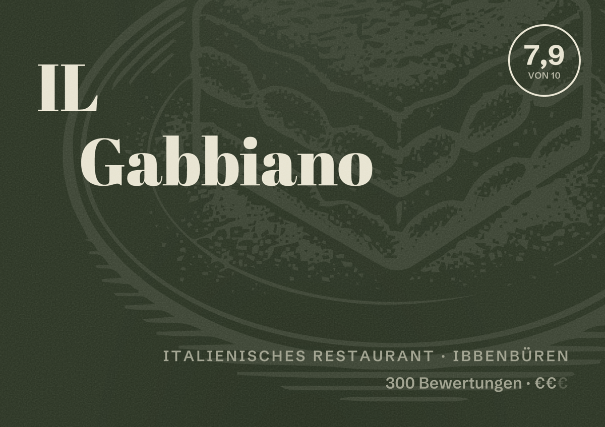 Illustriertes Poster von IL Gabbiano, Italienisches Restaurant in Ibbenbüren: Bewertung 7,9 von 10 aus 300 Bewertungen, Preisniveau €€