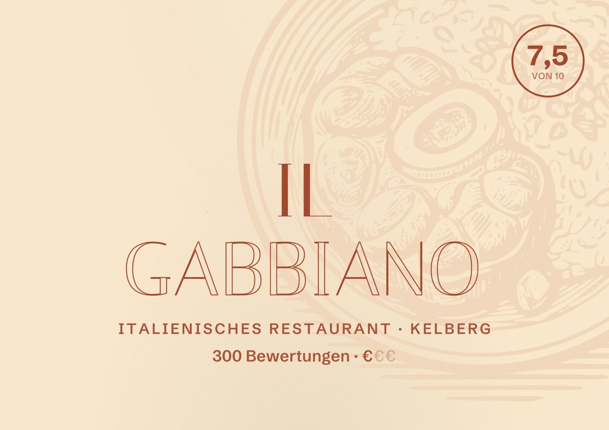 Illustriertes Poster von Il Gabbiano, Italienisches Restaurant in Kelberg: Bewertung 7,5 von 10 aus 300 Bewertungen, Preisniveau €