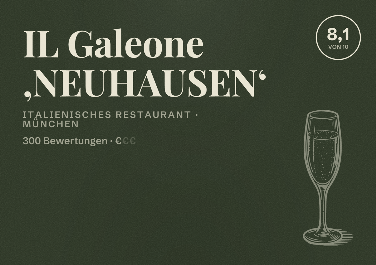 Illustriertes Poster von IL Galeone ,NEUHAUSEN‘, Italienisches Restaurant in München: Bewertung 8,1 von 10 aus 300 Bewertungen, Preisniveau €