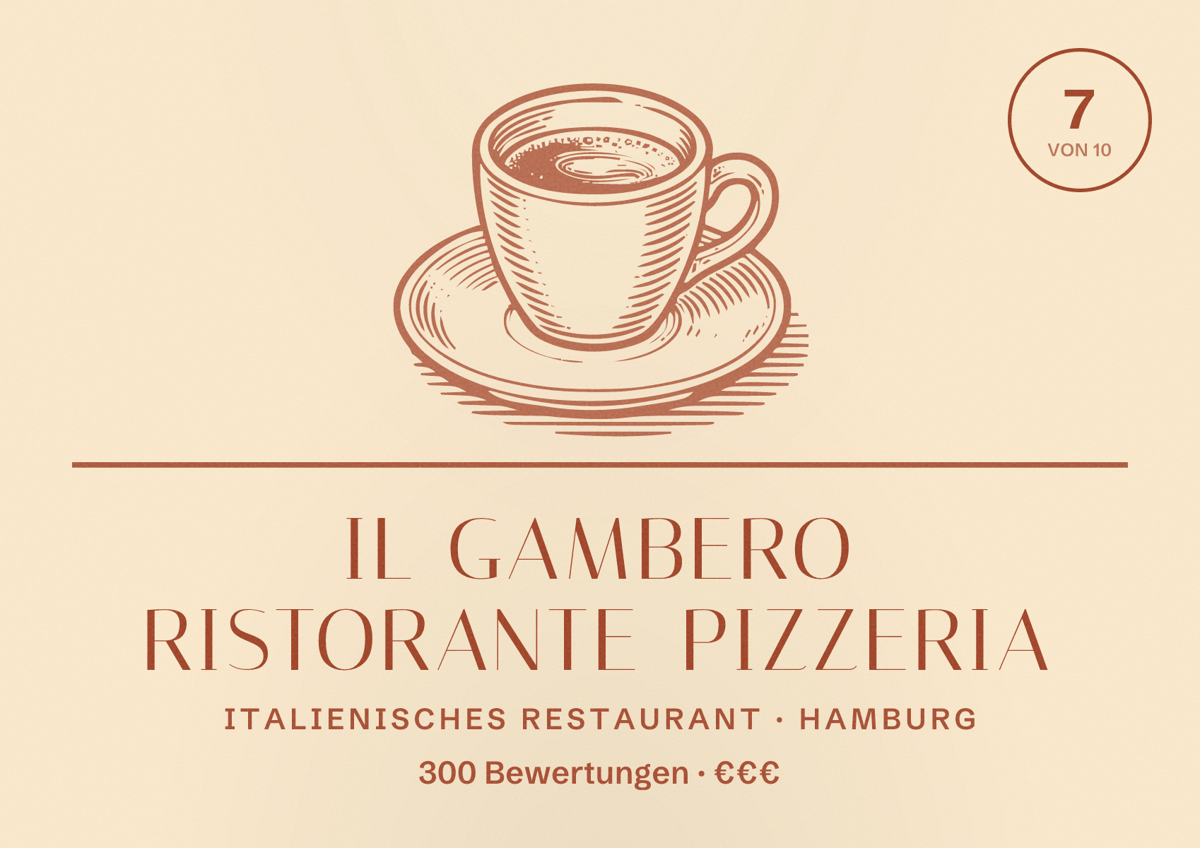 Illustriertes Poster von Il Gambero Ristorante Pizzeria, Italienisches Restaurant in Hamburg: Bewertung 7,0 von 10 aus 300 Bewertungen, Preisniveau €€€
