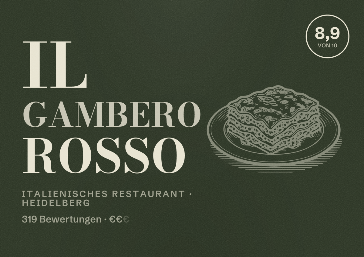 Illustriertes Poster von Il Gambero Rosso, Italienisches Restaurant in Heidelberg: Bewertung 8,9 von 10 aus 319 Bewertungen, Preisniveau €€
