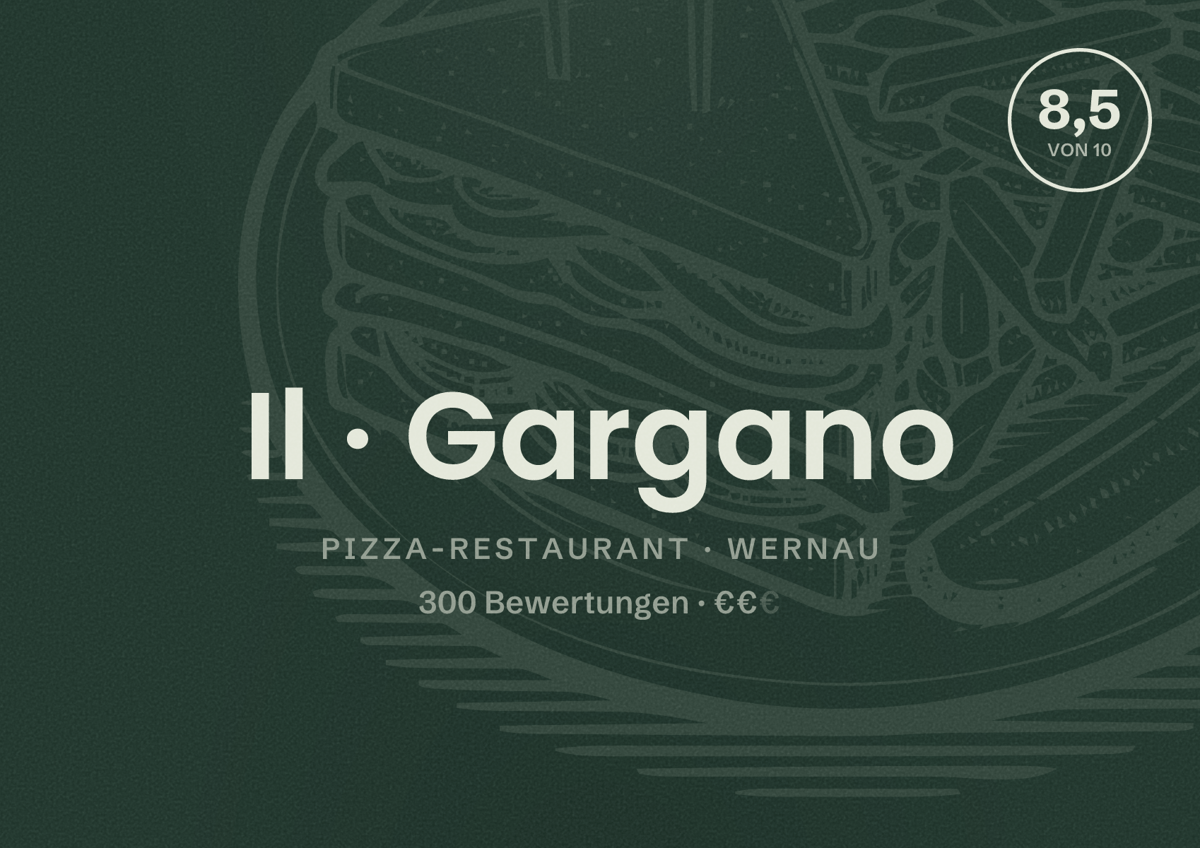 Illustriertes Poster von Il Gargano, Pizza-Restaurant in Wernau: Bewertung 8,5 von 10 aus 300 Bewertungen, Preisniveau €€