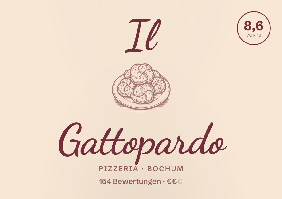 Illustriertes Poster von Il Gattopardo, Pizzeria in Bochum: Bewertung 8,6 von 10 aus 154 Bewertungen, Preisniveau €€