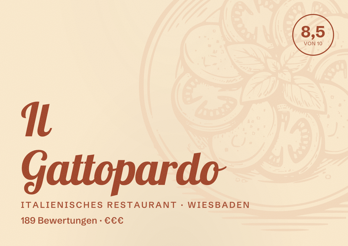 Illustriertes Poster von Il Gattopardo, Italienisches Restaurant in Wiesbaden: Bewertung 8,5 von 10 aus 189 Bewertungen, Preisniveau €€€