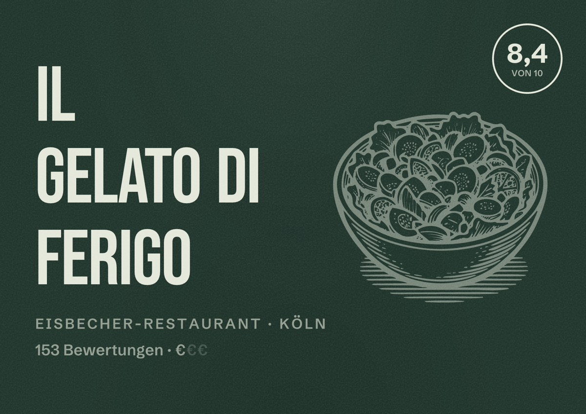 Illustriertes Poster von Il gelato di ferigo, Eisbecher-Restaurant in Köln: Bewertung 8,4 von 10 aus 153 Bewertungen, Preisniveau €