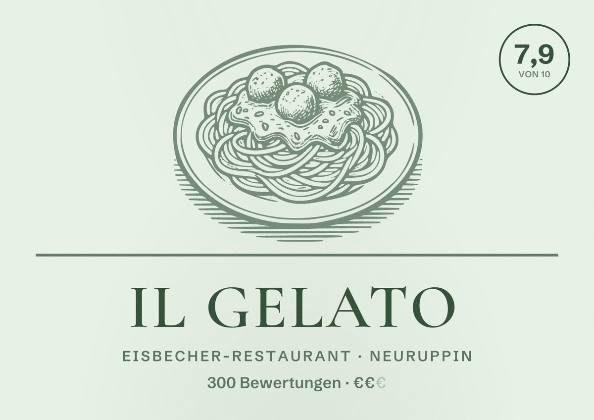 Illustriertes Poster von Il Gelato, Eisbecher-Restaurant in Neuruppin: Bewertung 7,9 von 10 aus 300 Bewertungen, Preisniveau €€