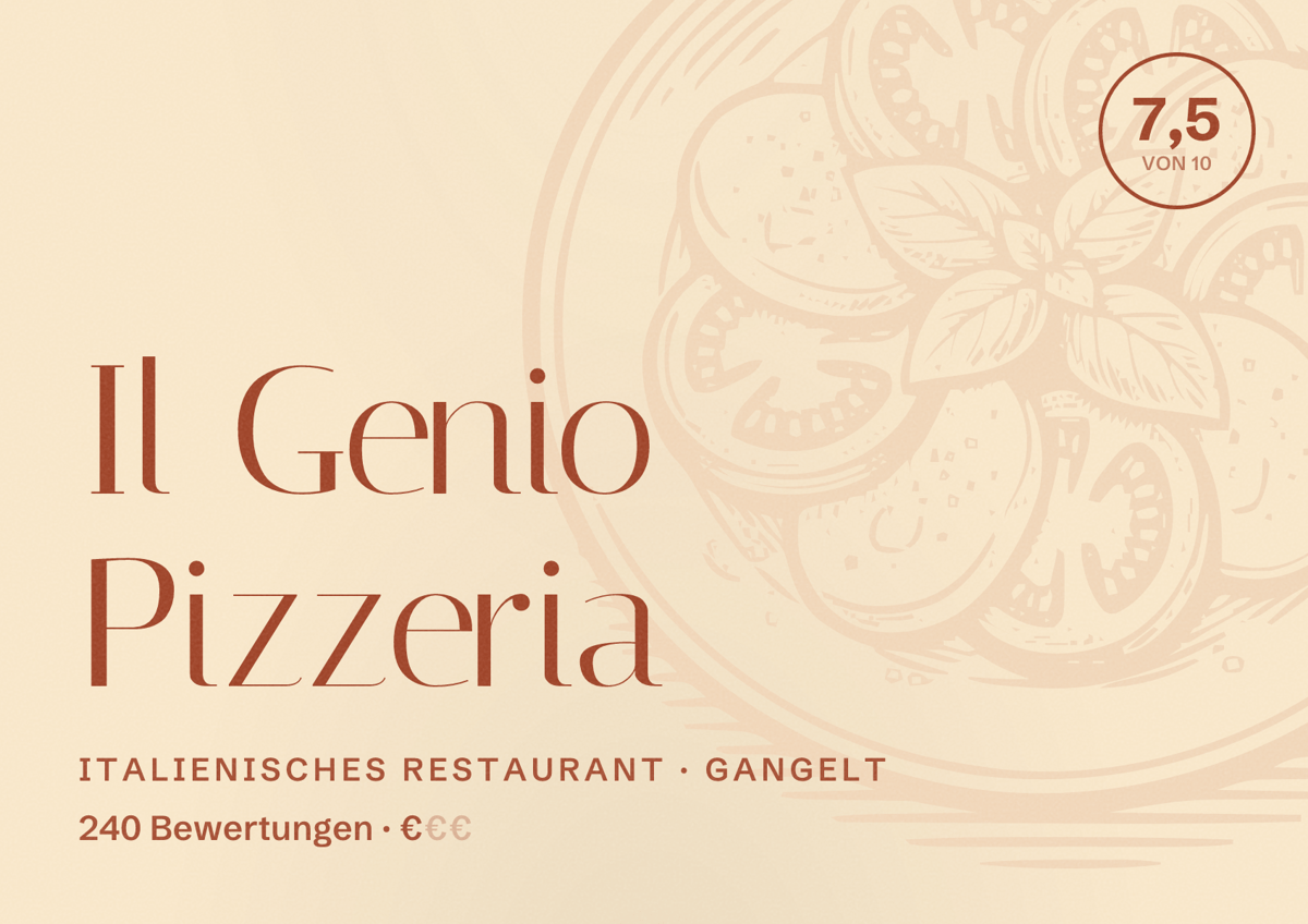 Illustriertes Poster von Il Genio Pizzeria, Italienisches Restaurant in Gangelt: Bewertung 7,5 von 10 aus 240 Bewertungen, Preisniveau €