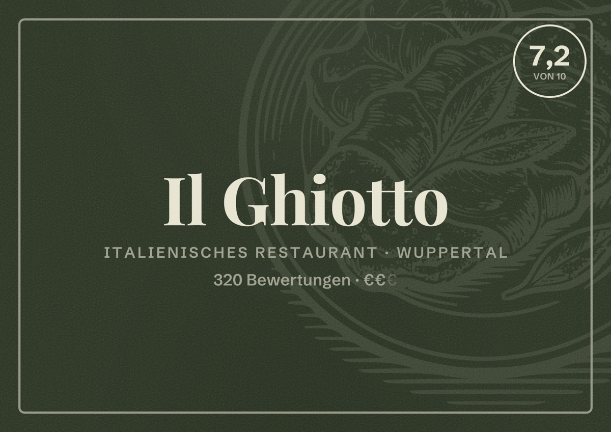 Illustriertes Poster von Il Ghiotto, Italienisches Restaurant in Wuppertal: Bewertung 7,2 von 10 aus 320 Bewertungen, Preisniveau €€