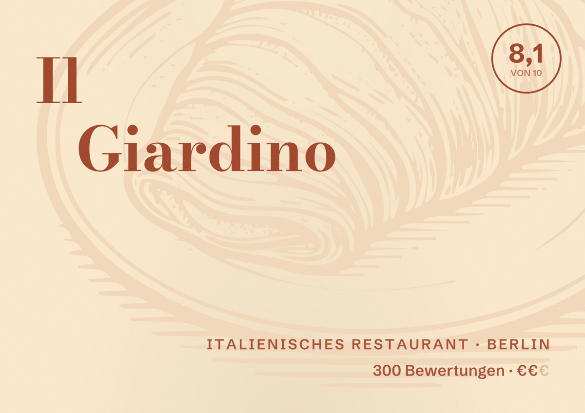 Illustriertes Poster von Il Giardino, Italienisches Restaurant in Berlin: Bewertung 8,1 von 10 aus 300 Bewertungen, Preisniveau €€