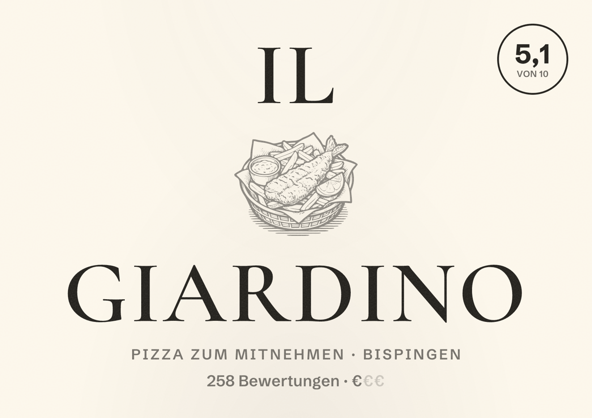 Illustriertes Poster von Il Giardino, Pizza zum Mitnehmen in Bispingen: Bewertung 5,1 von 10 aus 258 Bewertungen, Preisniveau €