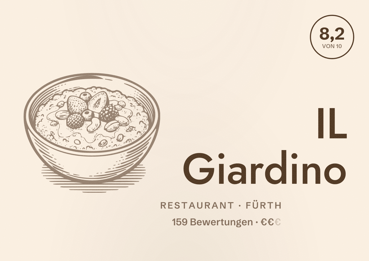 Illustriertes Poster von IL Giardino, Restaurant in Fürth: Bewertung 8,2 von 10 aus 159 Bewertungen, Preisniveau €€