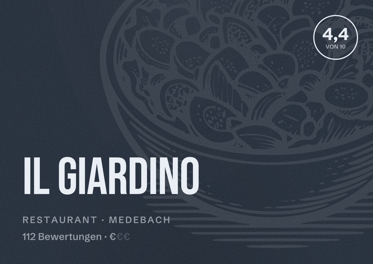 Illustriertes Poster von Il Giardino, Restaurant in Medebach: Bewertung 4,4 von 10 aus 112 Bewertungen, Preisniveau €