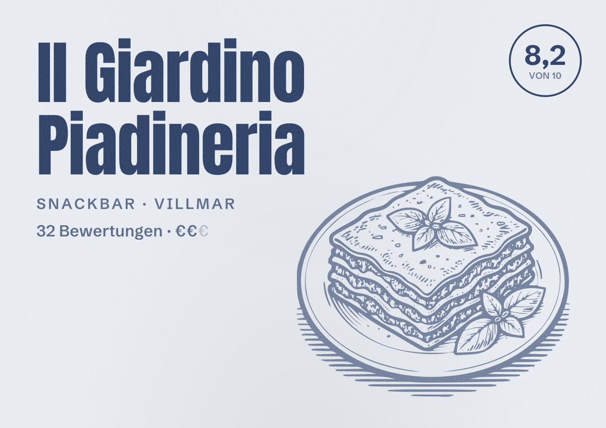 Illustriertes Poster von Il Giardino Piadineria, Snackbar in Villmar: Bewertung 8,2 von 10 aus 32 Bewertungen, Preisniveau €€