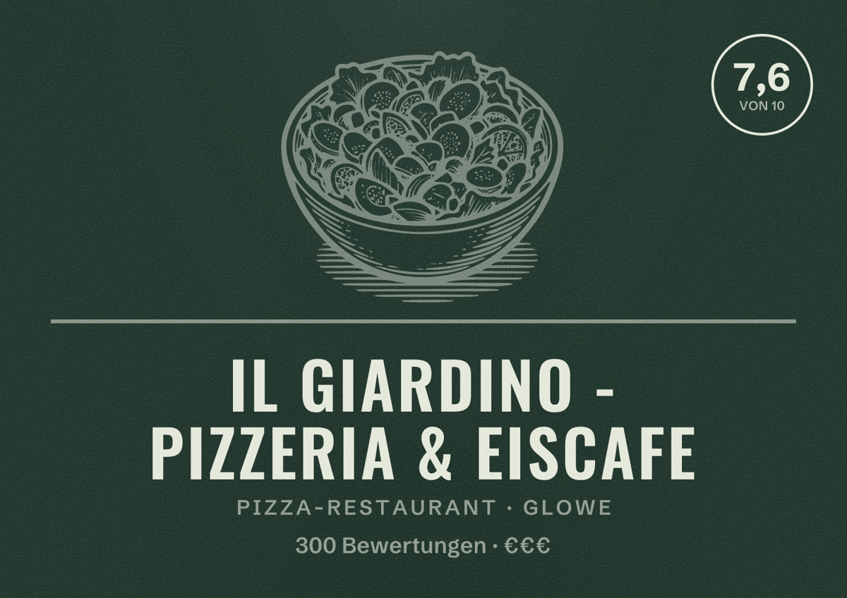 Illustriertes Poster von IL Giardino - Pizzeria & Eiscafe, Pizza-Restaurant in Glowe: Bewertung 7,6 von 10 aus 300 Bewertungen, Preisniveau €€€