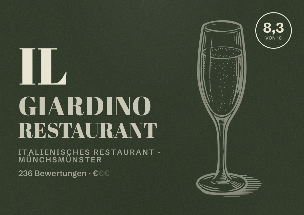Illustriertes Poster von Il Giardino Restaurant, Italienisches Restaurant in Münchsmünster: Bewertung 8,3 von 10 aus 236 Bewertungen, Preisniveau €