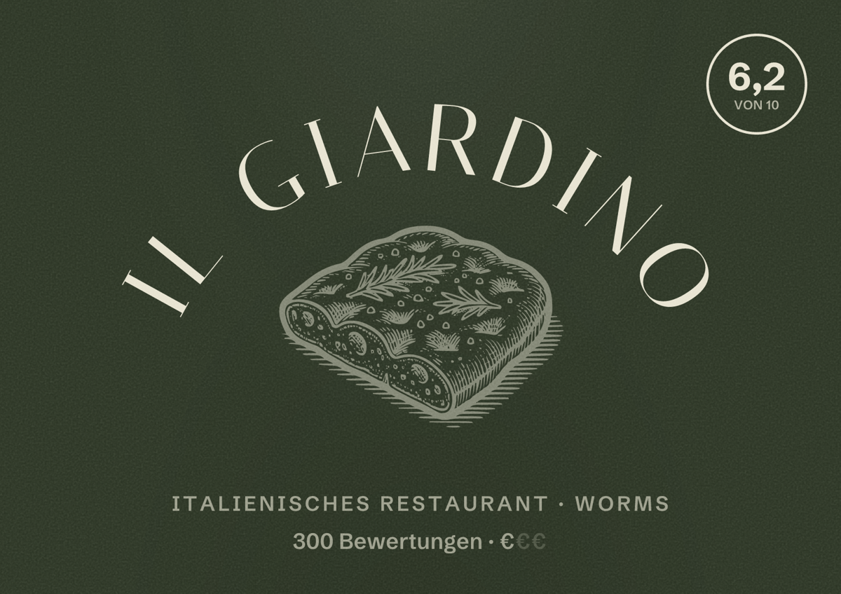 Illustriertes Poster von Il Giardino, Italienisches Restaurant in Worms: Bewertung 6,2 von 10 aus 300 Bewertungen, Preisniveau €