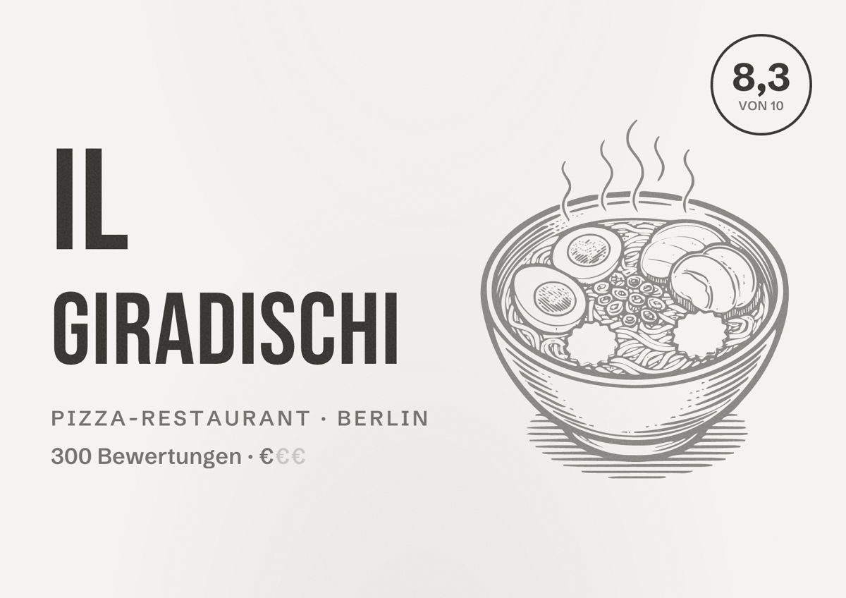 Illustriertes Poster von il Giradischi, Pizza-Restaurant in Berlin: Bewertung 8,3 von 10 aus 300 Bewertungen, Preisniveau €