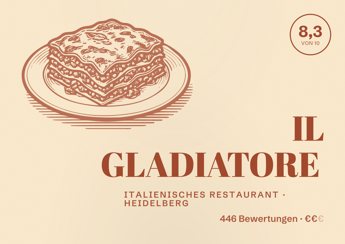 Illustriertes Poster von IL GLADIATORE, Italienisches Restaurant in Heidelberg: Bewertung 8,3 von 10 aus 446 Bewertungen, Preisniveau €€