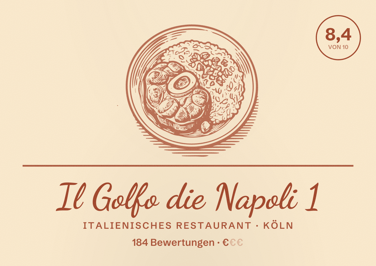 Illustriertes Poster von Il Golfo die Napoli 1, Italienisches Restaurant in Köln: Bewertung 8,4 von 10 aus 184 Bewertungen, Preisniveau €