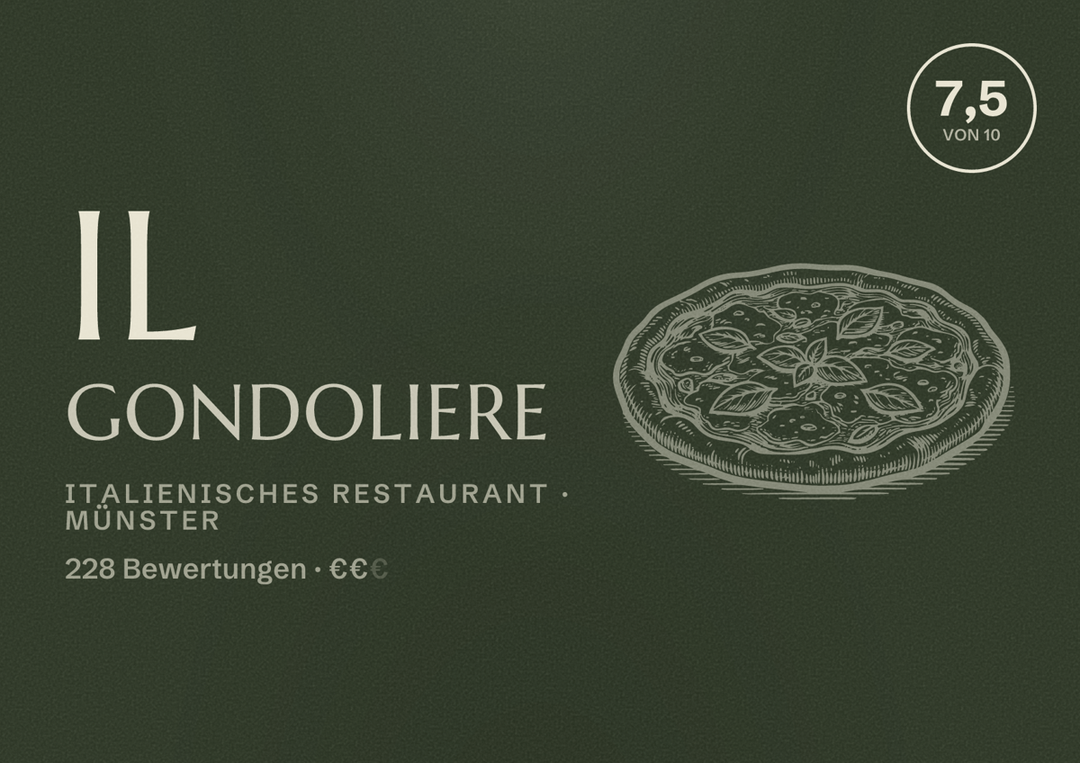 Illustriertes Poster von Il Gondoliere, Italienisches Restaurant in Münster: Bewertung 7,5 von 10 aus 228 Bewertungen, Preisniveau €€