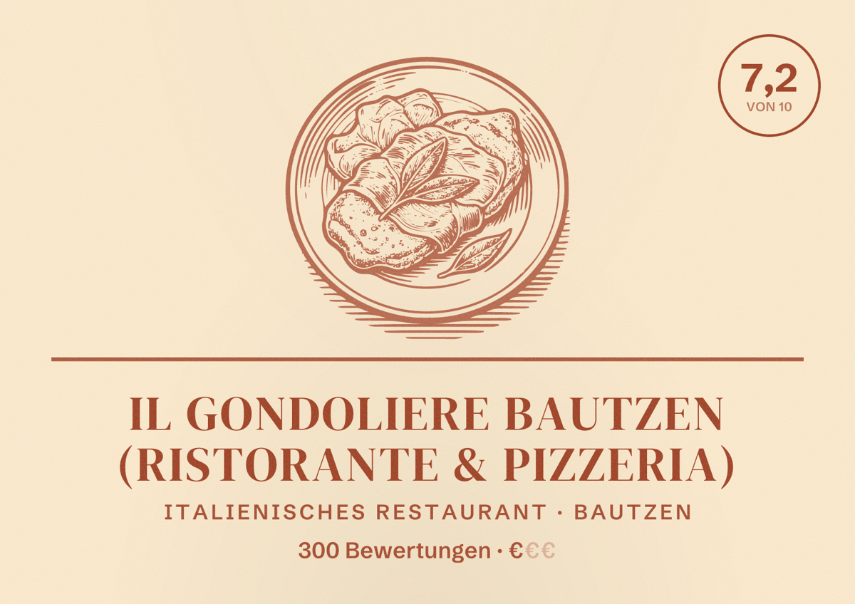 Illustriertes Poster von il Gondoliere Bautzen (Ristorante & Pizzeria), Italienisches Restaurant in Bautzen: Bewertung 7,2 von 10 aus 300 Bewertungen, Preisniveau €
