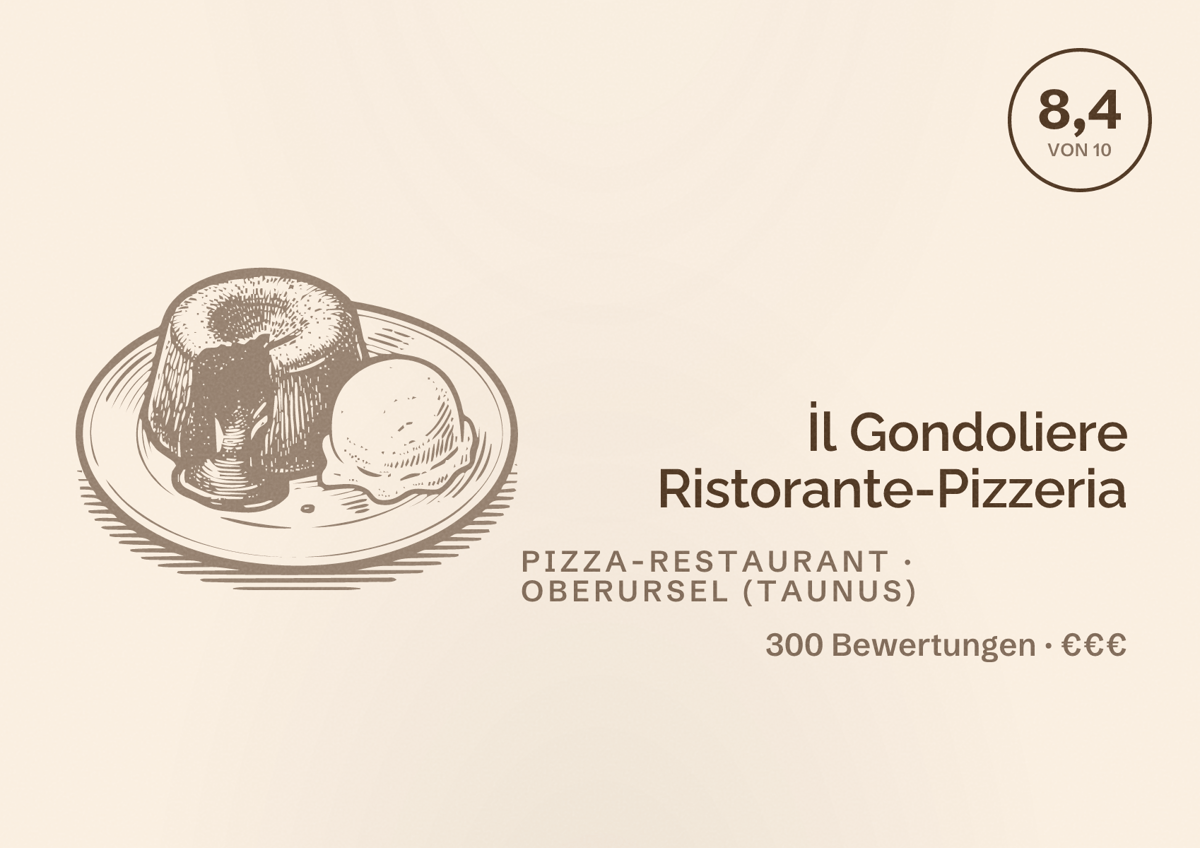 Illustriertes Poster von İl Gondoliere Ristorante-Pizzeria, Pizza-Restaurant in Oberursel (Taunus): Bewertung 8,4 von 10 aus 300 Bewertungen, Preisniveau €€€
