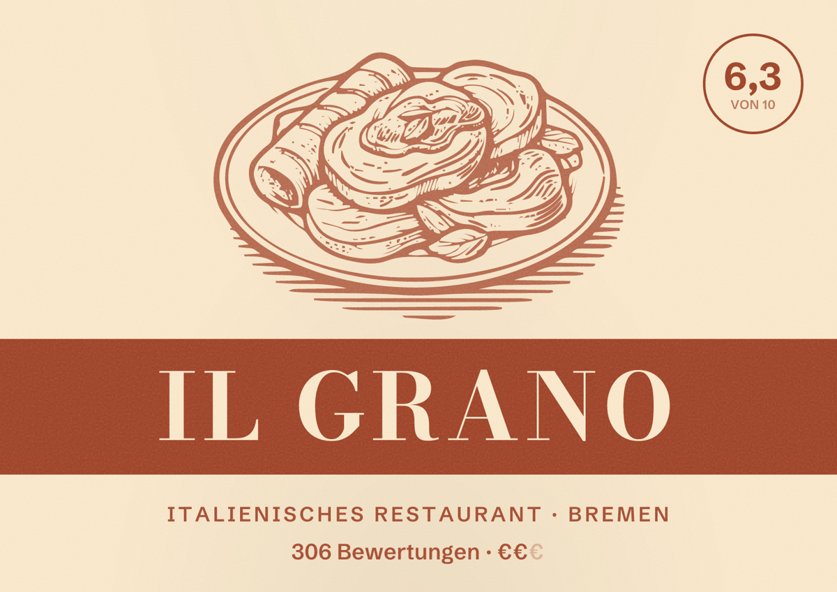 Illustriertes Poster von Il Grano, Italienisches Restaurant in Bremen: Bewertung 6,3 von 10 aus 306 Bewertungen, Preisniveau €€