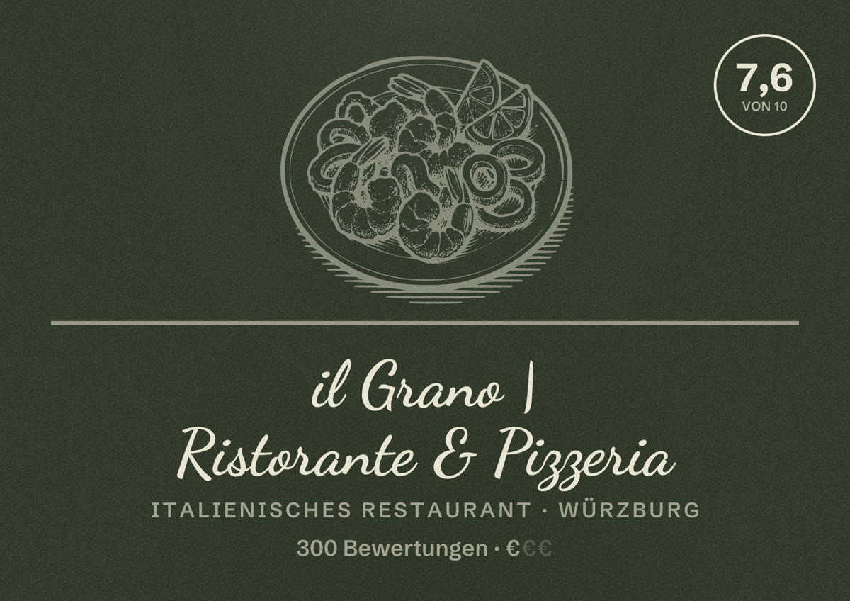 Illustriertes Poster von il Grano | Ristorante & Pizzeria, Italienisches Restaurant in Würzburg: Bewertung 7,6 von 10 aus 300 Bewertungen, Preisniveau €