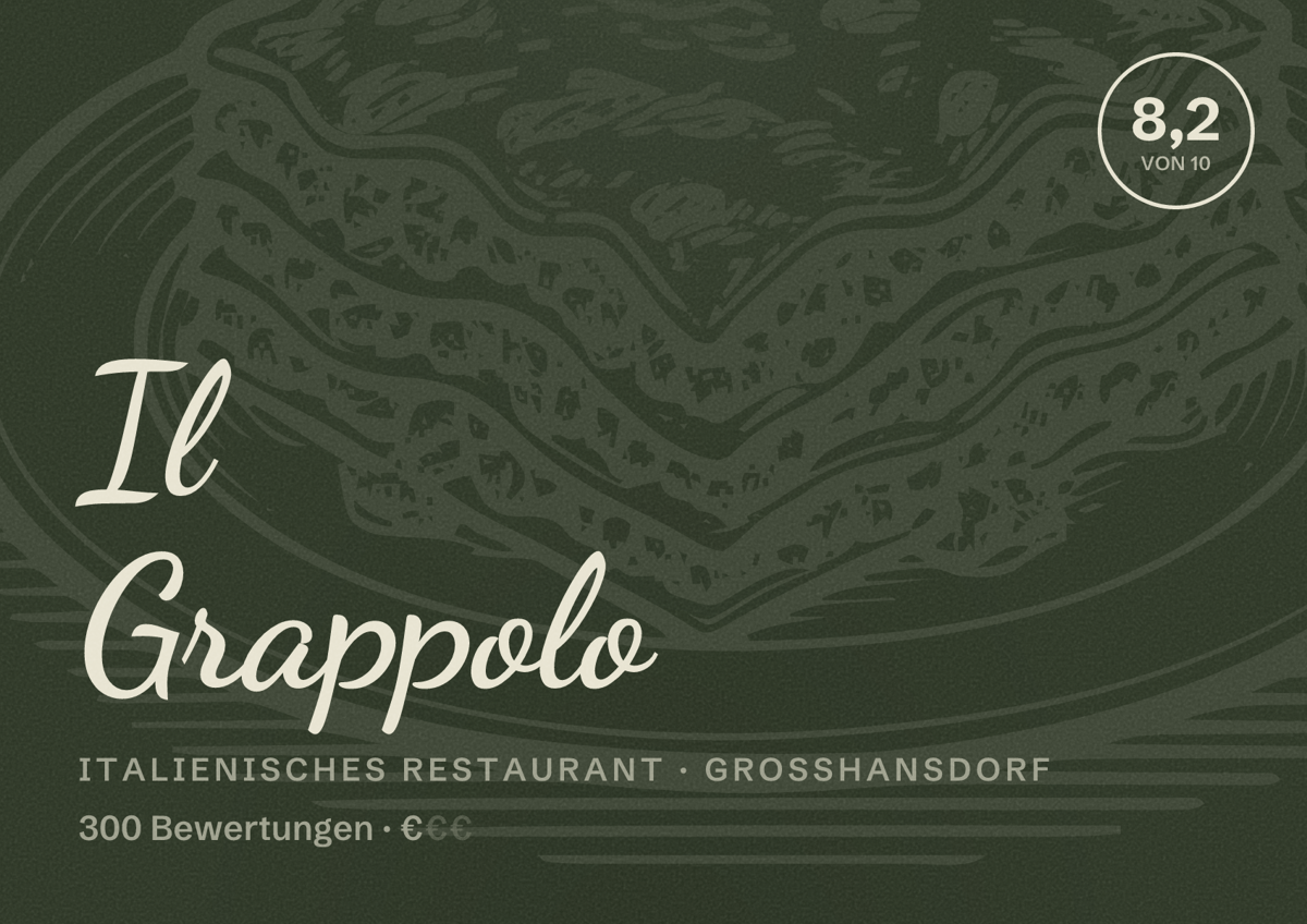 Illustriertes Poster von Il Grappolo, Italienisches Restaurant in Großhansdorf: Bewertung 8,2 von 10 aus 300 Bewertungen, Preisniveau €