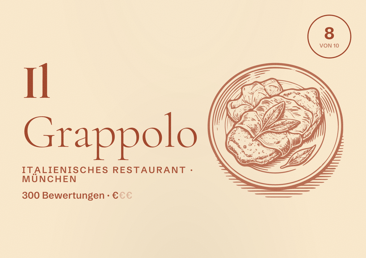Illustriertes Poster von Il Grappolo, Italienisches Restaurant in München: Bewertung 8,0 von 10 aus 300 Bewertungen, Preisniveau €