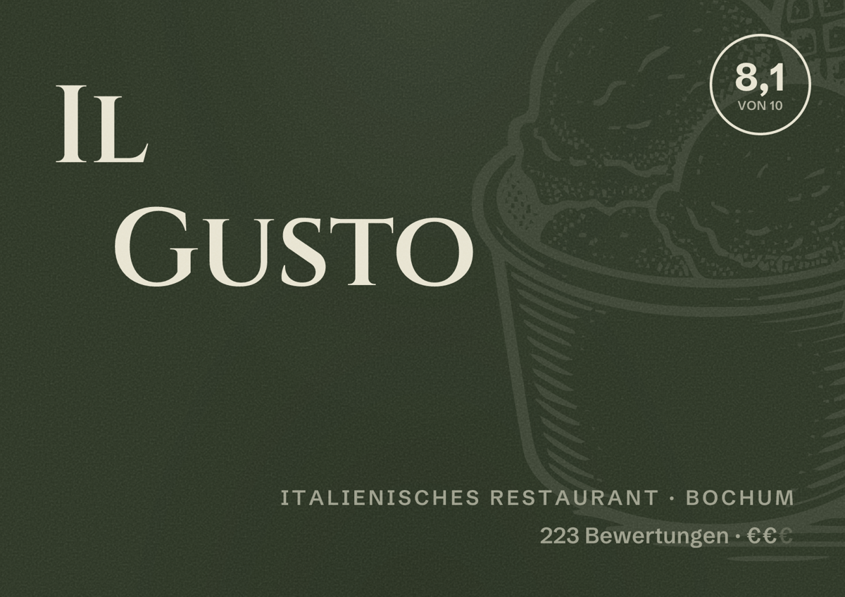 Illustriertes Poster von Il Gusto, Italienisches Restaurant in Bochum: Bewertung 8,1 von 10 aus 223 Bewertungen, Preisniveau €€