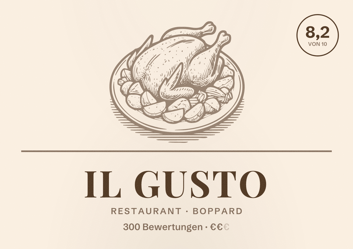 Illustriertes Poster von Il Gusto, Restaurant in Boppard: Bewertung 8,2 von 10 aus 300 Bewertungen, Preisniveau €€