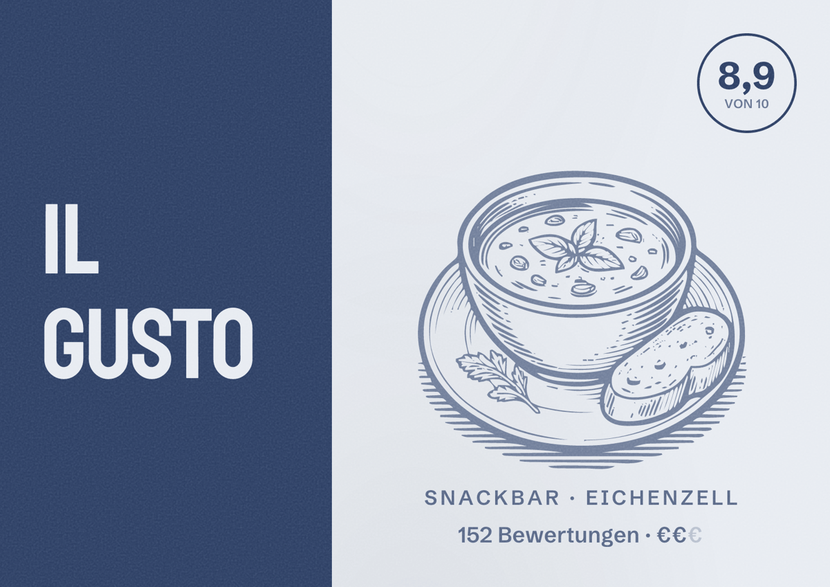 Illustriertes Poster von Il gusto, Snackbar in Eichenzell: Bewertung 8,9 von 10 aus 152 Bewertungen, Preisniveau €€