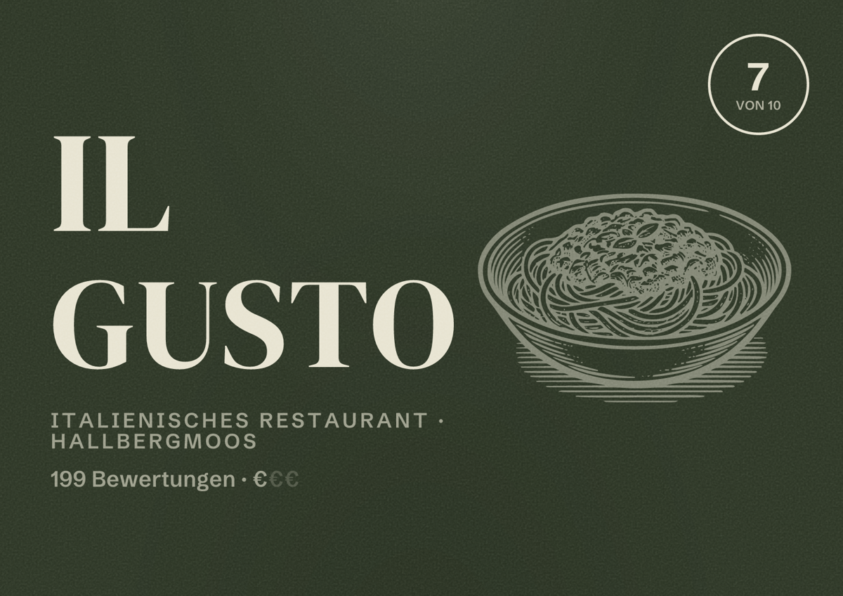 Illustriertes Poster von Il Gusto, Italienisches Restaurant in Hallbergmoos: Bewertung 7 von 10 aus 199 Bewertungen, Preisniveau €