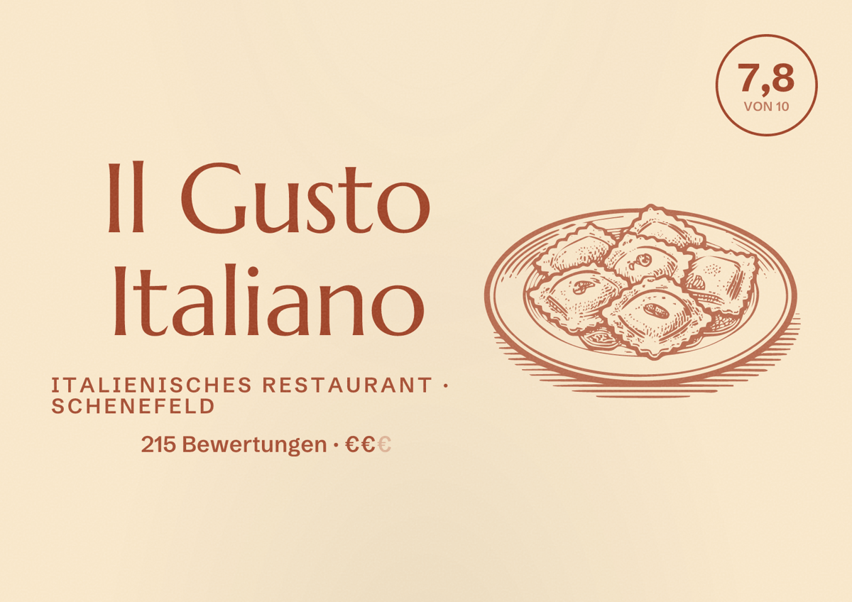 Illustriertes Poster von Il Gusto Italiano, Italienisches Restaurant in Schenefeld: Bewertung 7,8 von 10 aus 215 Bewertungen, Preisniveau €€