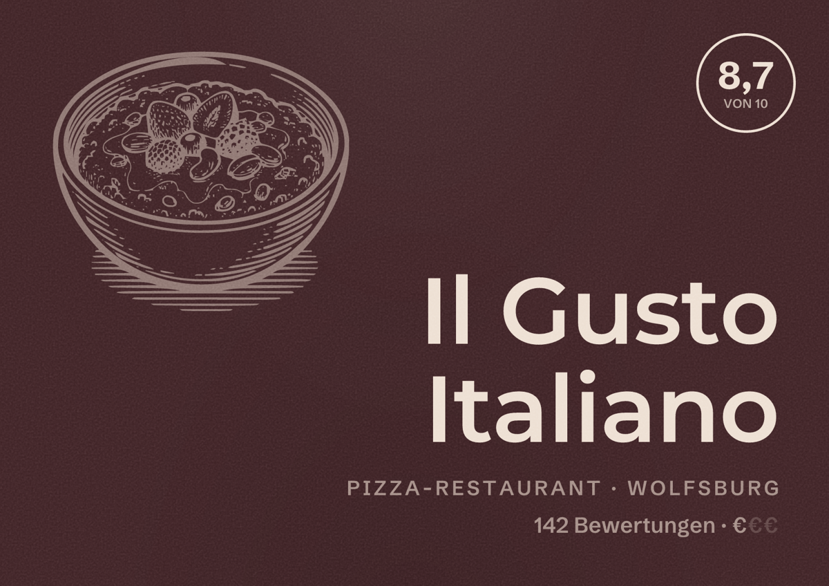 Illustriertes Poster von Il Gusto Italiano, Pizza-Restaurant in Wolfsburg: Bewertung 8,7 von 10 aus 142 Bewertungen, Preisniveau €