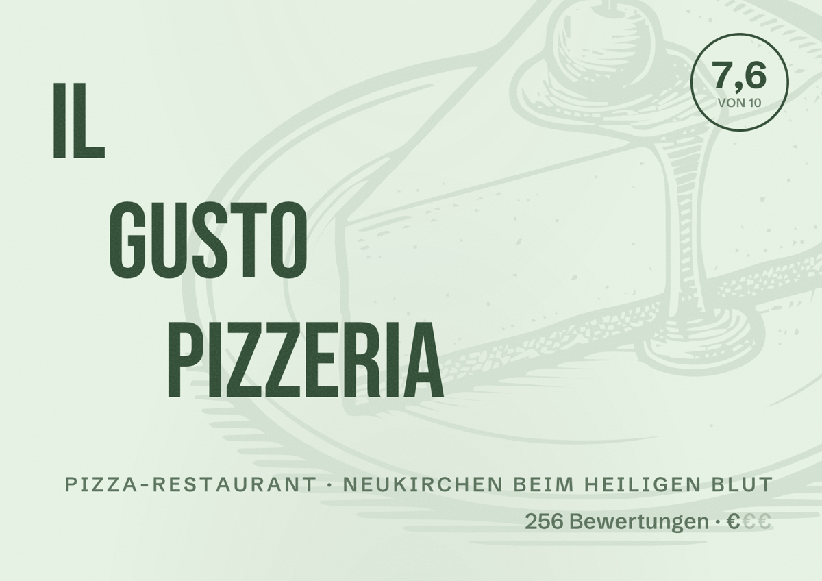 Illustriertes Poster von Il Gusto Pizzeria, Pizza-Restaurant in Neukirchen beim Heiligen Blut: Bewertung 7,6 von 10 aus 256 Bewertungen, Preisniveau €