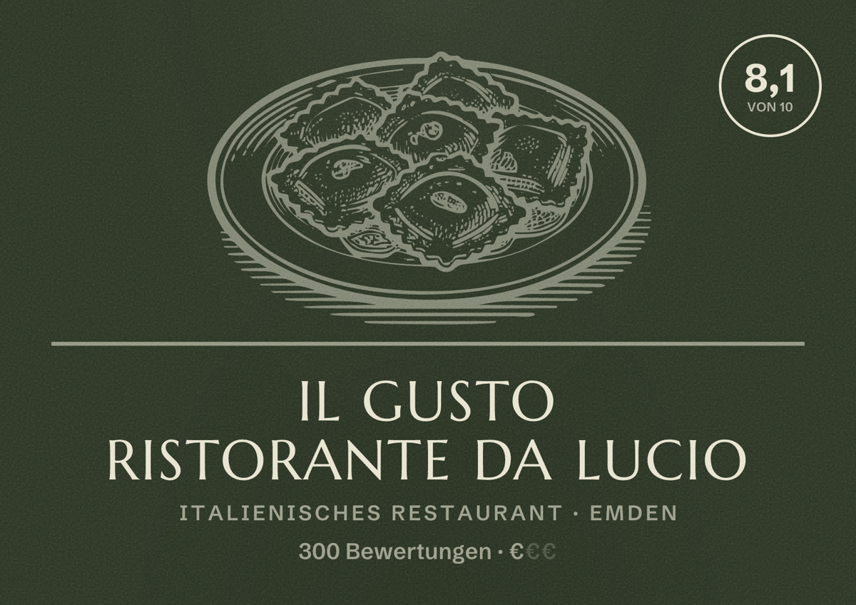 Illustriertes Poster von il Gusto Ristorante da Lucio, Italienisches Restaurant in Emden: Bewertung 8,1 von 10 aus 300 Bewertungen, Preisniveau €