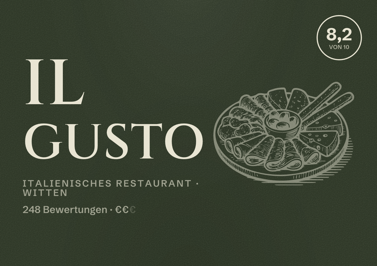 Illustriertes Poster von Il Gusto, Italienisches Restaurant in Witten: Bewertung 8,2 von 10 aus 248 Bewertungen, Preisniveau €€