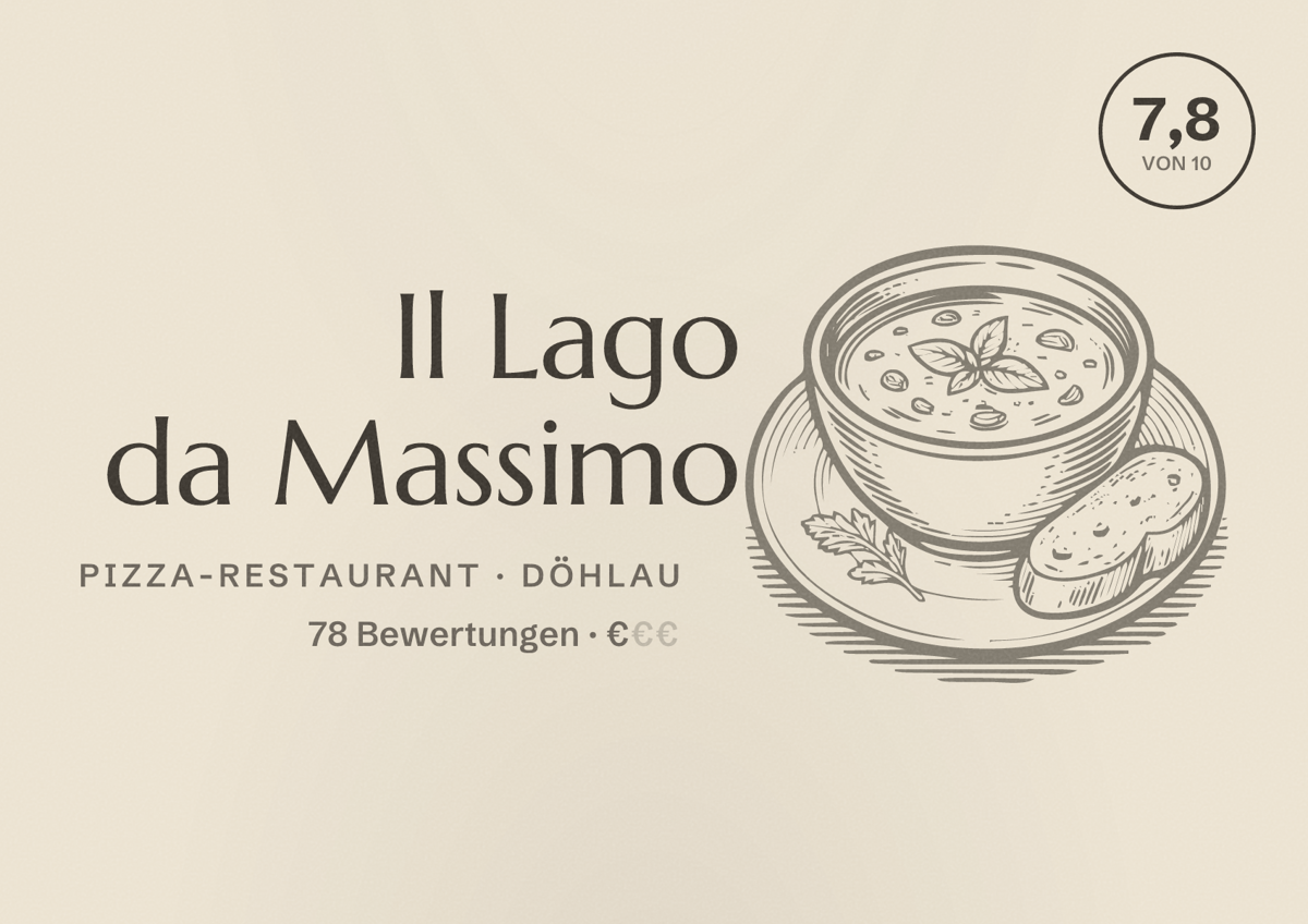 Illustriertes Poster von Il Lago da Massimo, Pizza-Restaurant in Döhlau: Bewertung 7,8 von 10 aus 78 Bewertungen, Preisniveau €