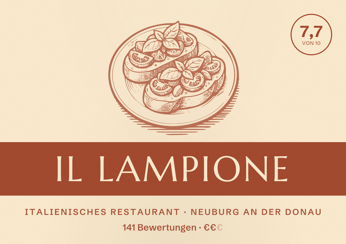 Illustriertes Poster von Il Lampione, Italienisches Restaurant in Neuburg an der Donau: Bewertung 7,7 von 10 aus 141 Bewertungen, Preisniveau €€