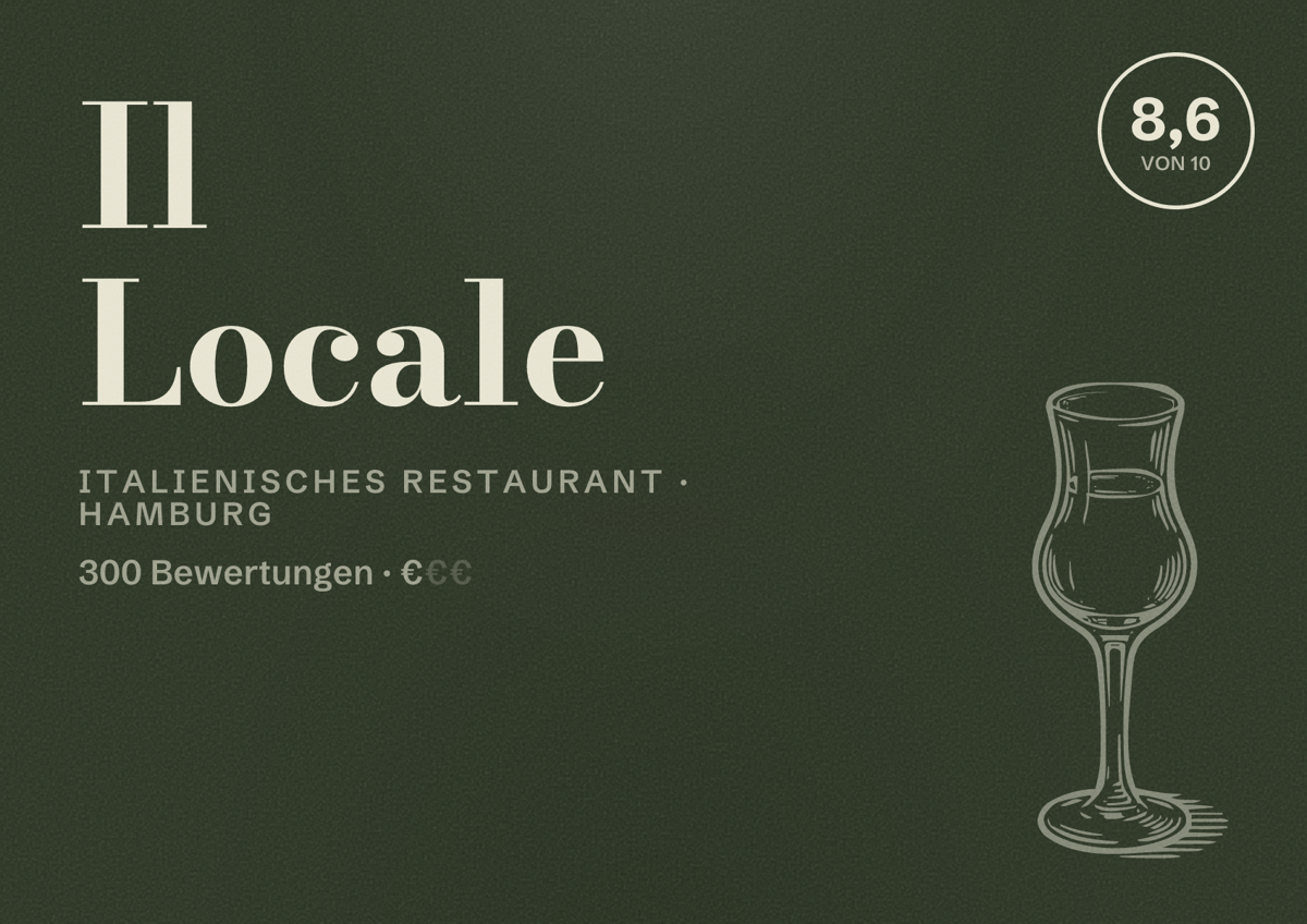 Illustriertes Poster von Il Locale, Italienisches Restaurant in Hamburg: Bewertung 8,6 von 10 aus 300 Bewertungen, Preisniveau €