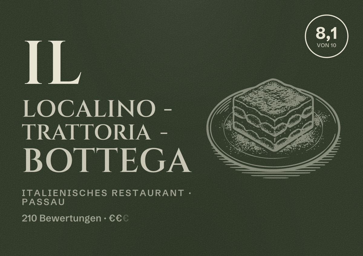 Illustriertes Poster von Il localino - trattoria - bottega, Italienisches Restaurant in Passau: Bewertung 8,1 von 10 aus 210 Bewertungen, Preisniveau €€