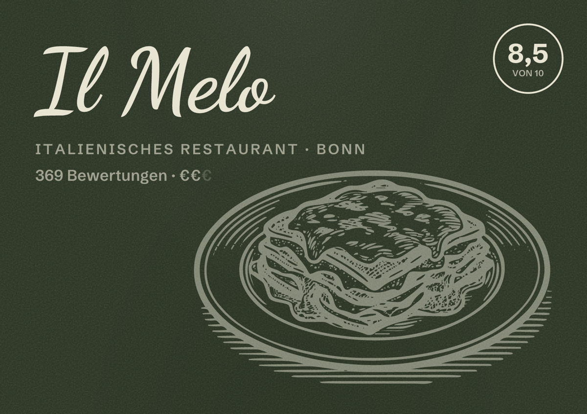 Illustriertes Poster von Il Melo, Italienisches Restaurant in Bonn: Bewertung 8,5 von 10 aus 369 Bewertungen, Preisniveau €€