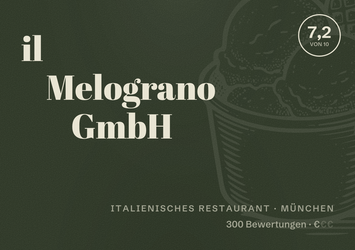 Illustriertes Poster von il Melograno GmbH, Italienisches Restaurant in München: Bewertung 7,2 von 10 aus 300 Bewertungen, Preisniveau €