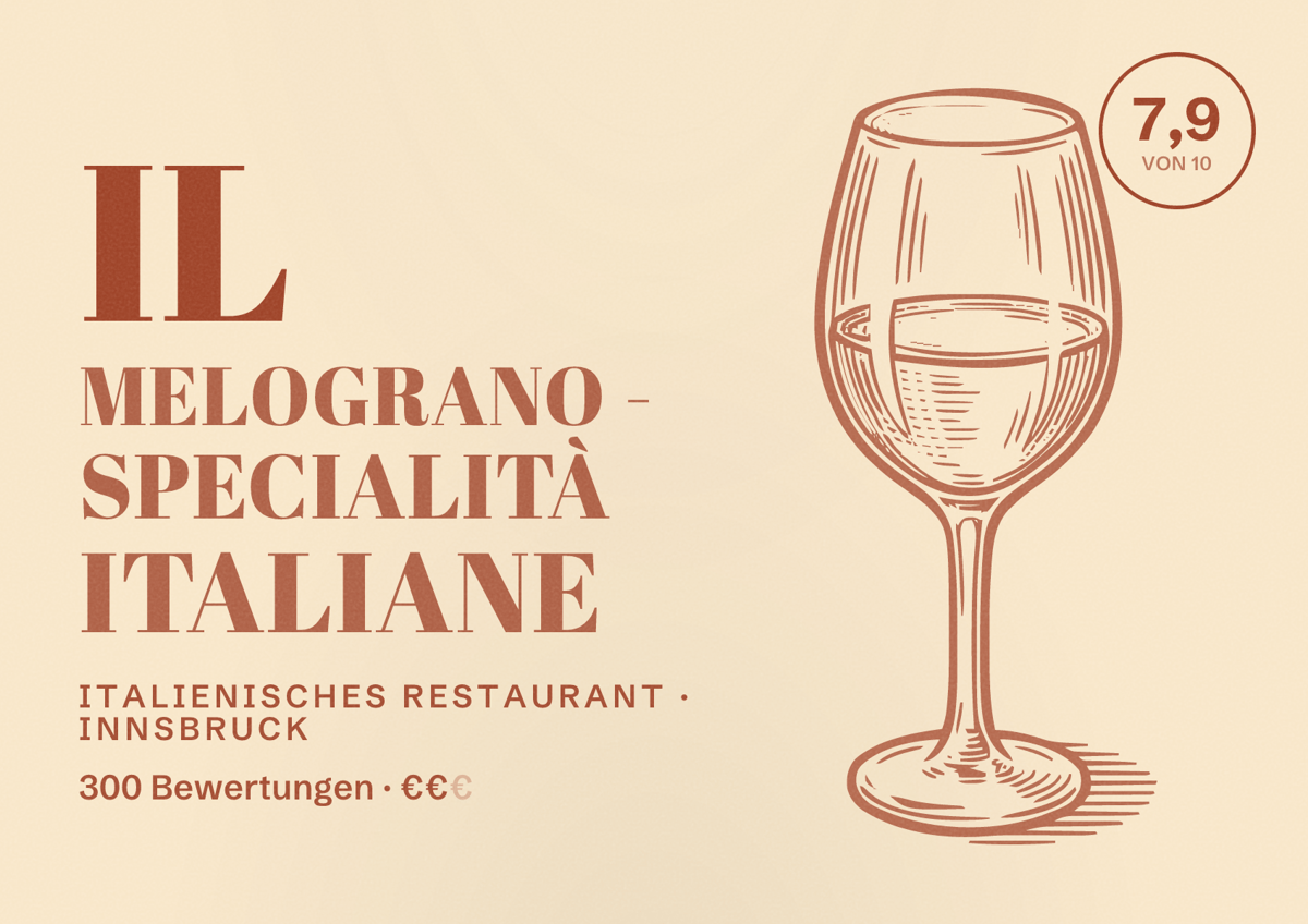 Illustriertes Poster von Il Melograno - Specialità Italiane, Italienisches Restaurant in Innsbruck: Bewertung 7,9 von 10 aus 300 Bewertungen, Preisniveau €€