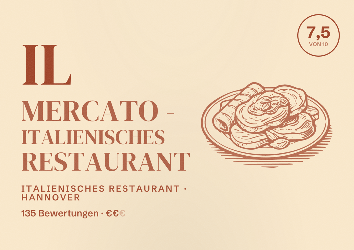 Illustriertes Poster von IL Mercato - italienisches Restaurant, Italienisches Restaurant in Hannover: Bewertung 7,5 von 10 aus 135 Bewertungen, Preisniveau €€